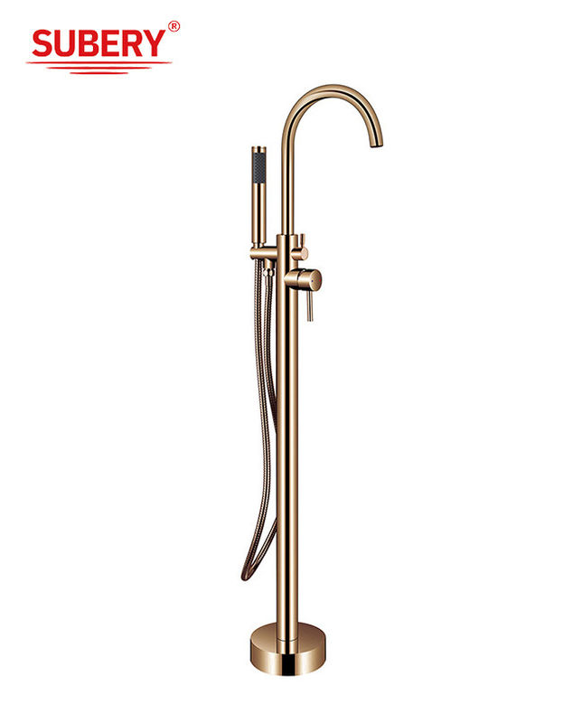 OEM Single Lever Free Standing Tub Faucet Monte de chão com Diverter Rosa de ouro de latão