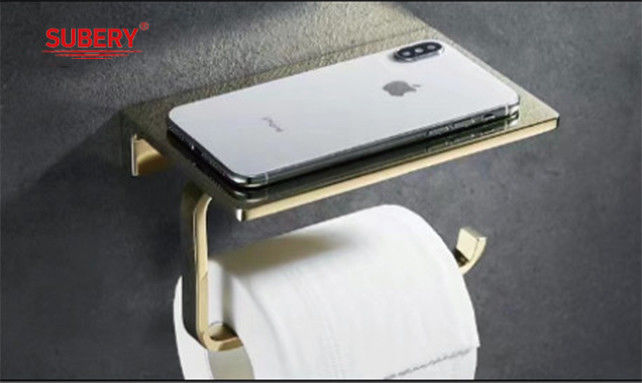 Porta-papéis de higiene de zinco montado na parede porta-papéis de tecido porta-papéis de rolos de cor dourada com prateleira para telemóvel
